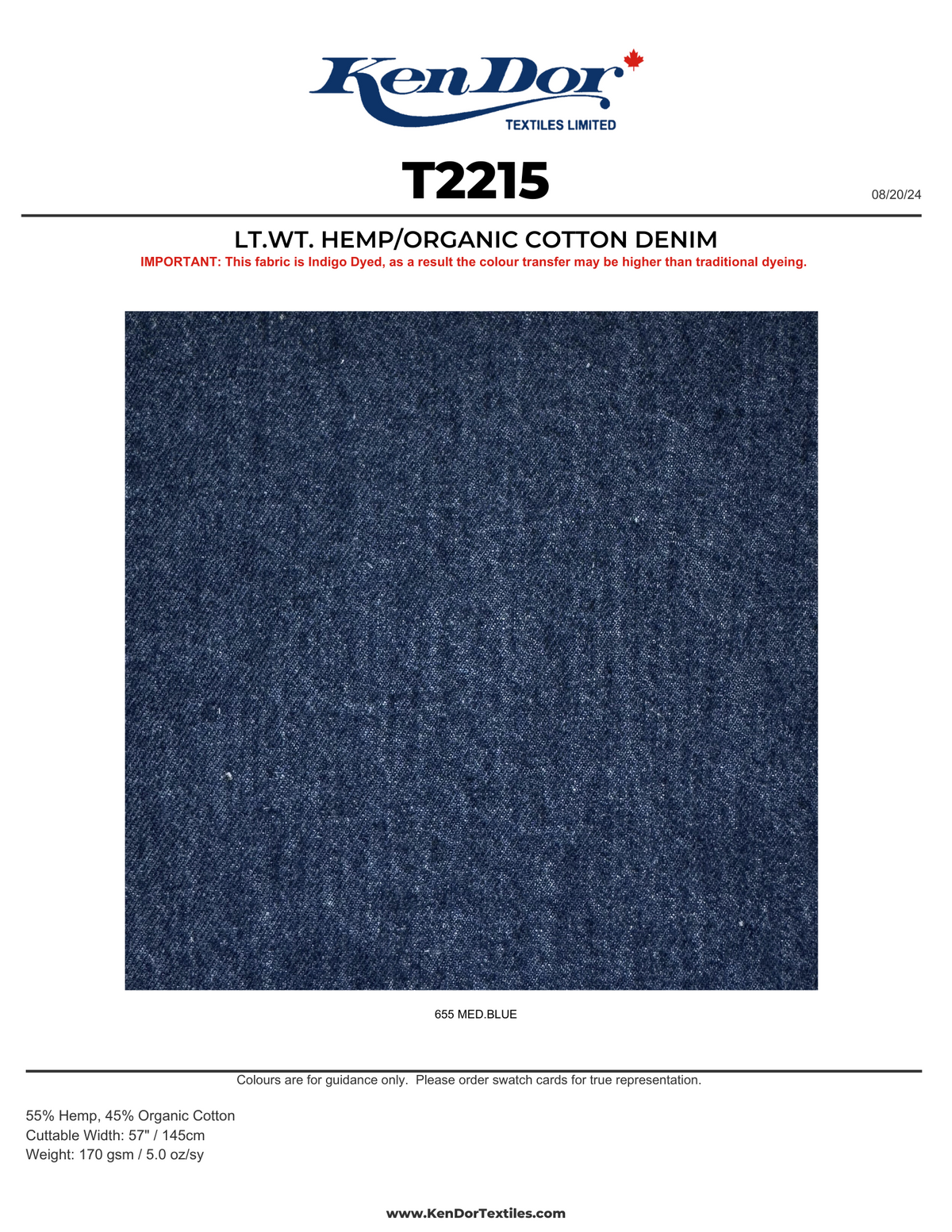T2215 - Lt.Wt. Hemp/Organic Cotton Denim | KenDor Textiles