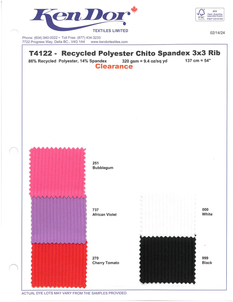 T4122 - Recycled Polyester Chito Spandex 3x3 Rib (Clearance)