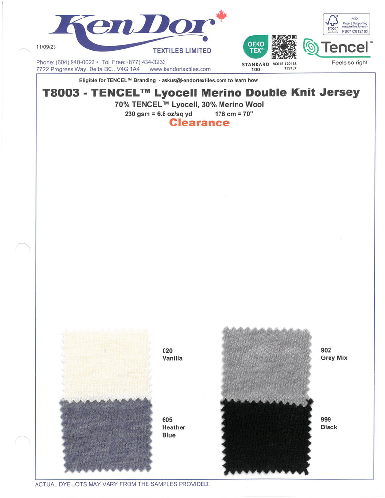 T8003 - TENCEL™ Lyocell Merino Double Knit Jersey (Clearance)