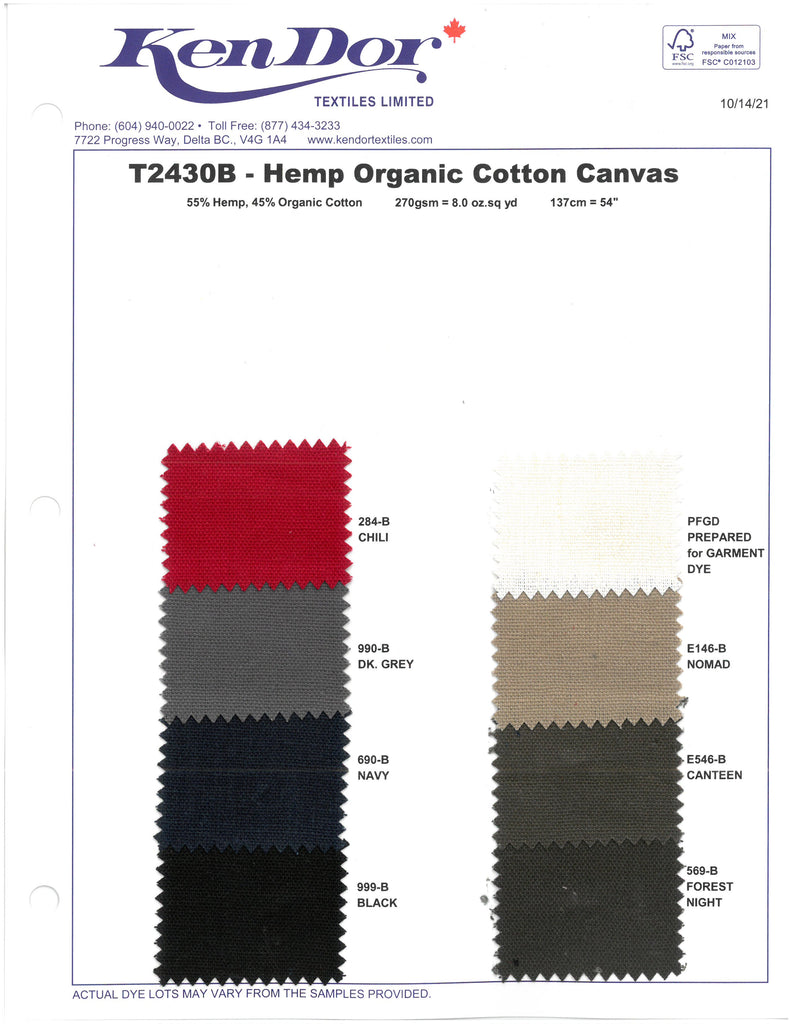 T2430B - Hemp Organic Cotton Canvas