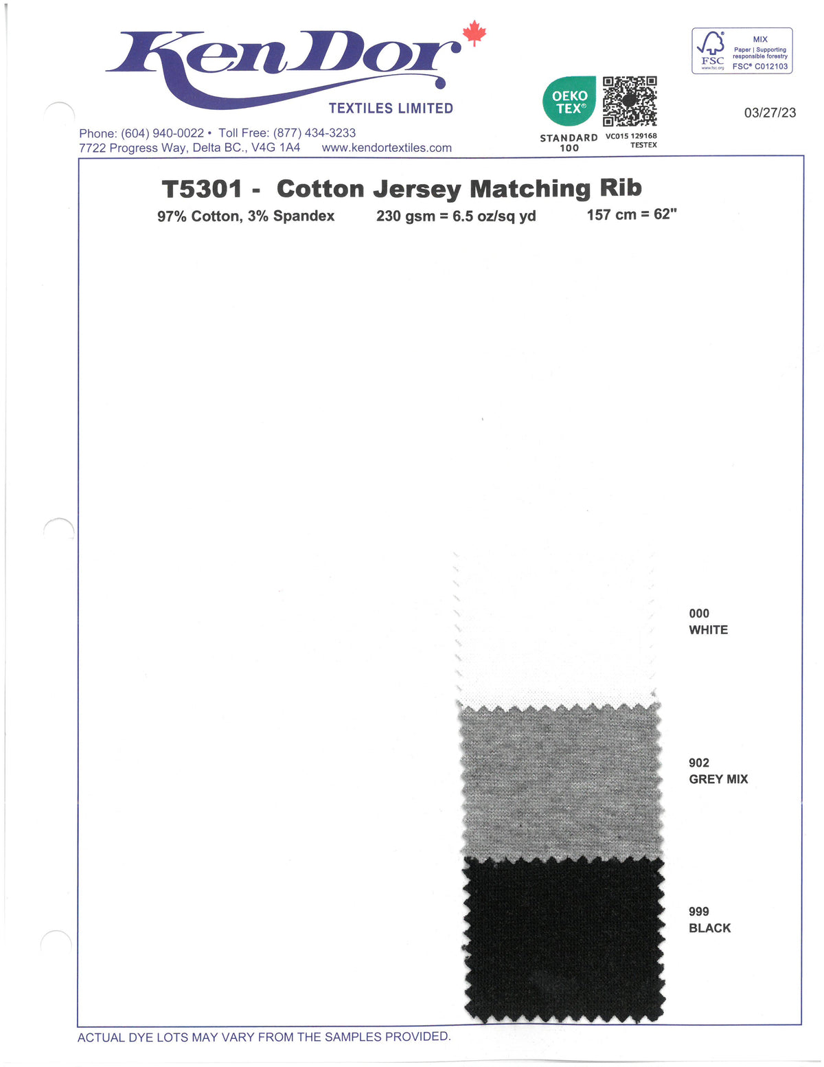 T5301 Cotton Jersey Matching Rib KenDor Textiles