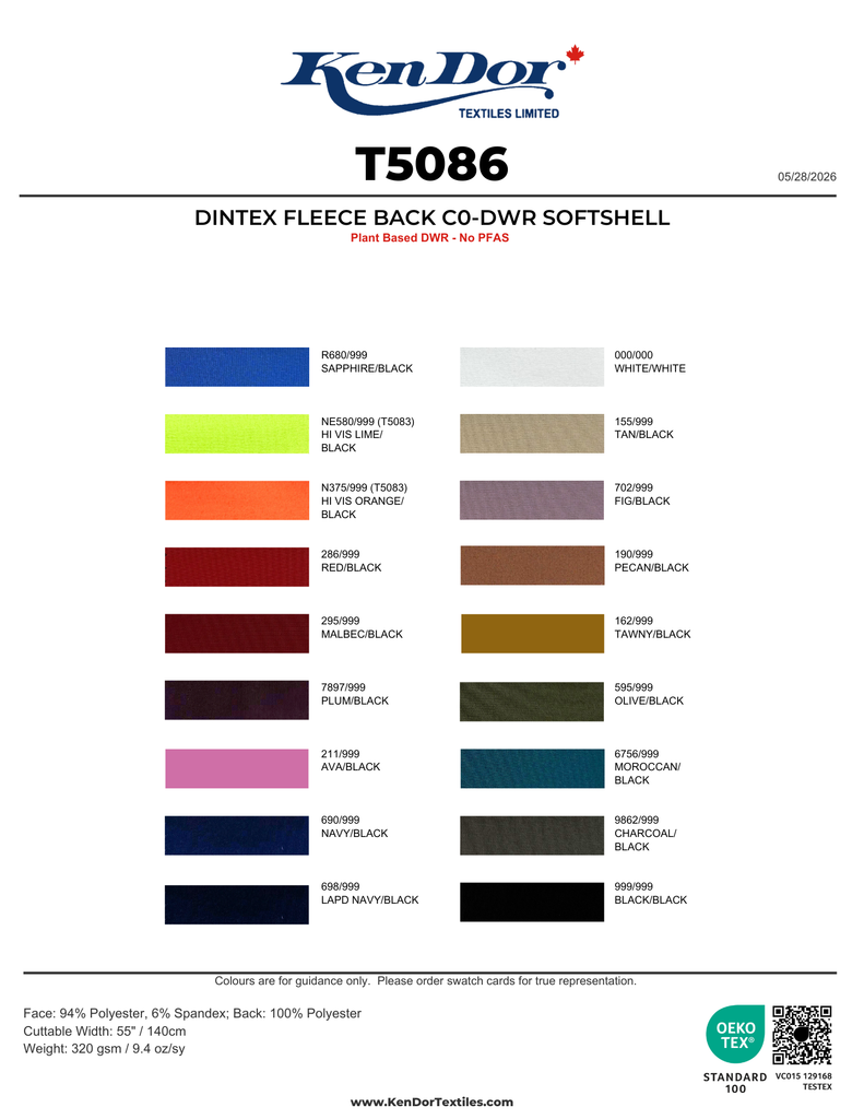 T5086 - Dintex Fleece Back C0-DWR Softshell | KenDor Textiles
