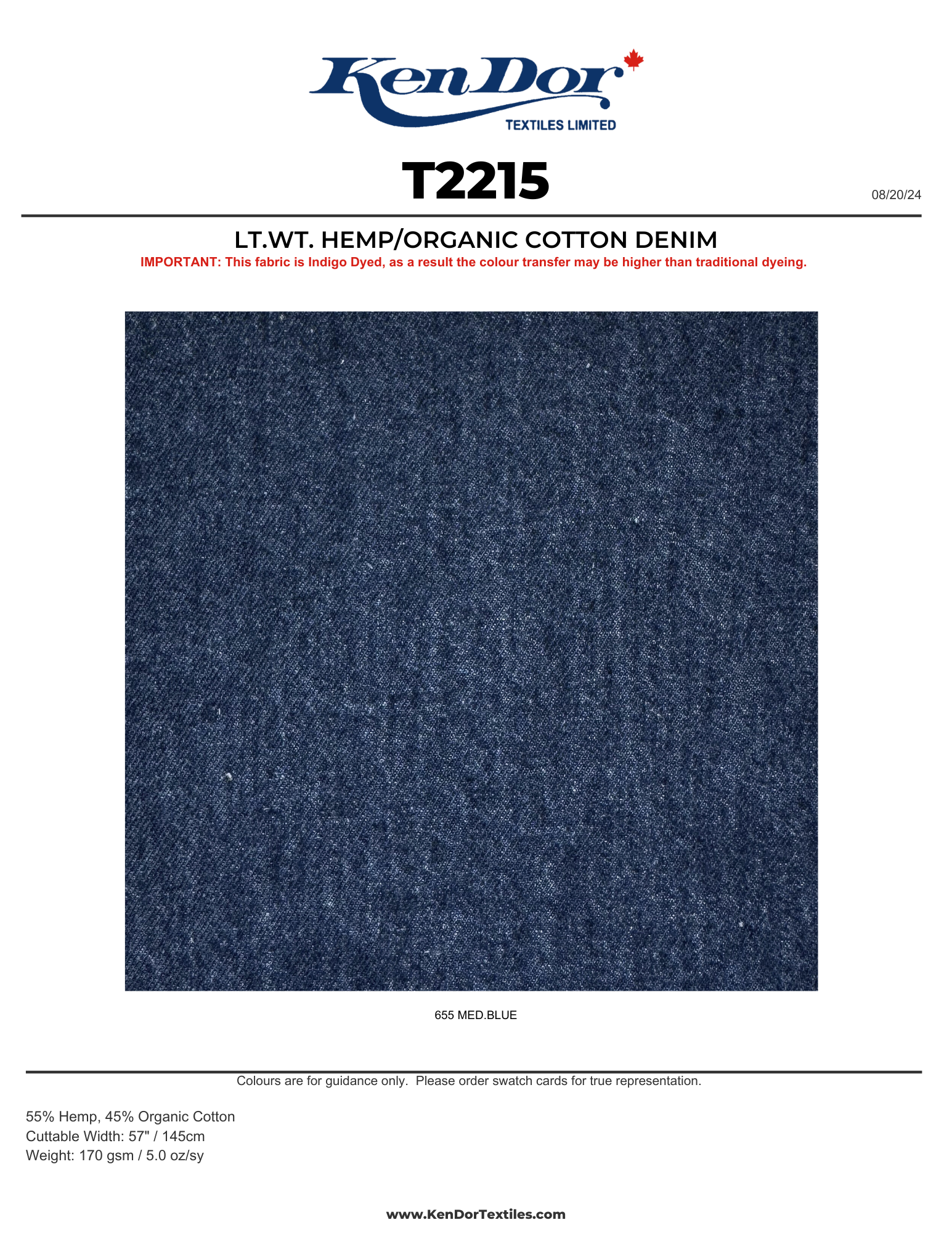 T2215 - Lt.Wt. Hemp/Organic Cotton Denim | KenDor Textiles