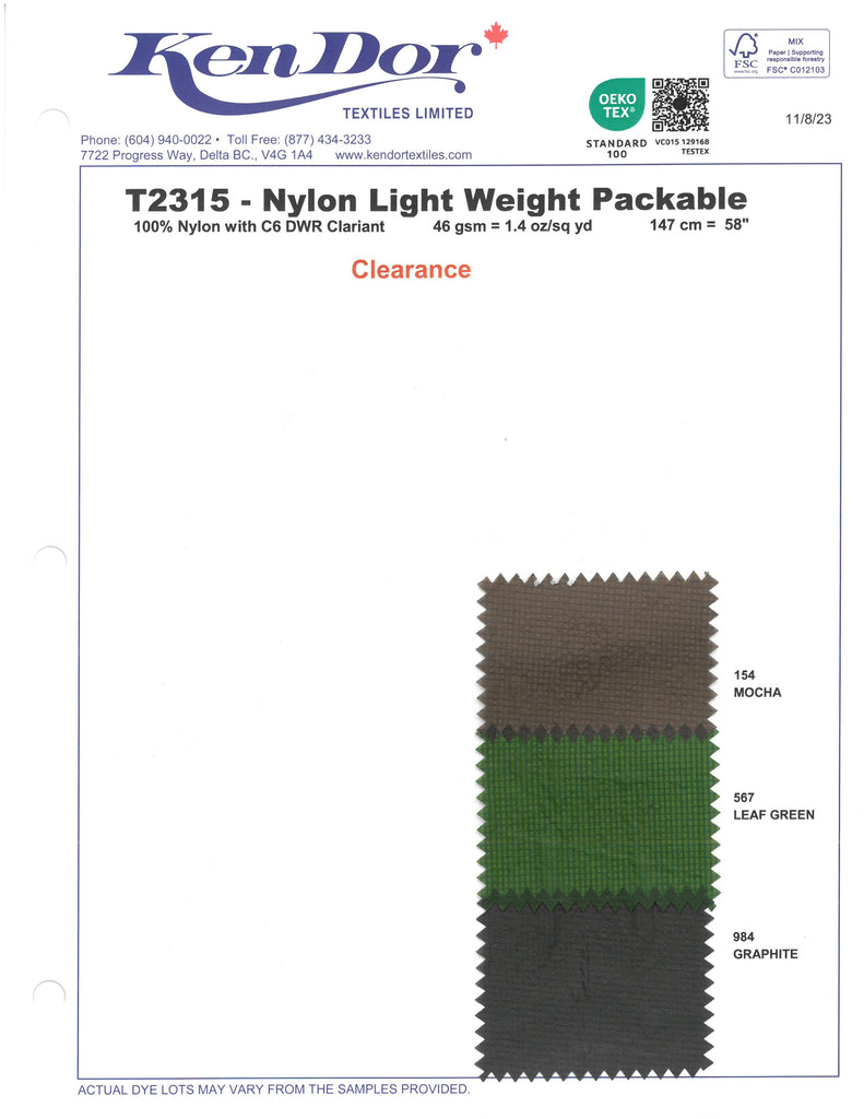 T2315 - Nylon Light Weight Packable (Clearance)