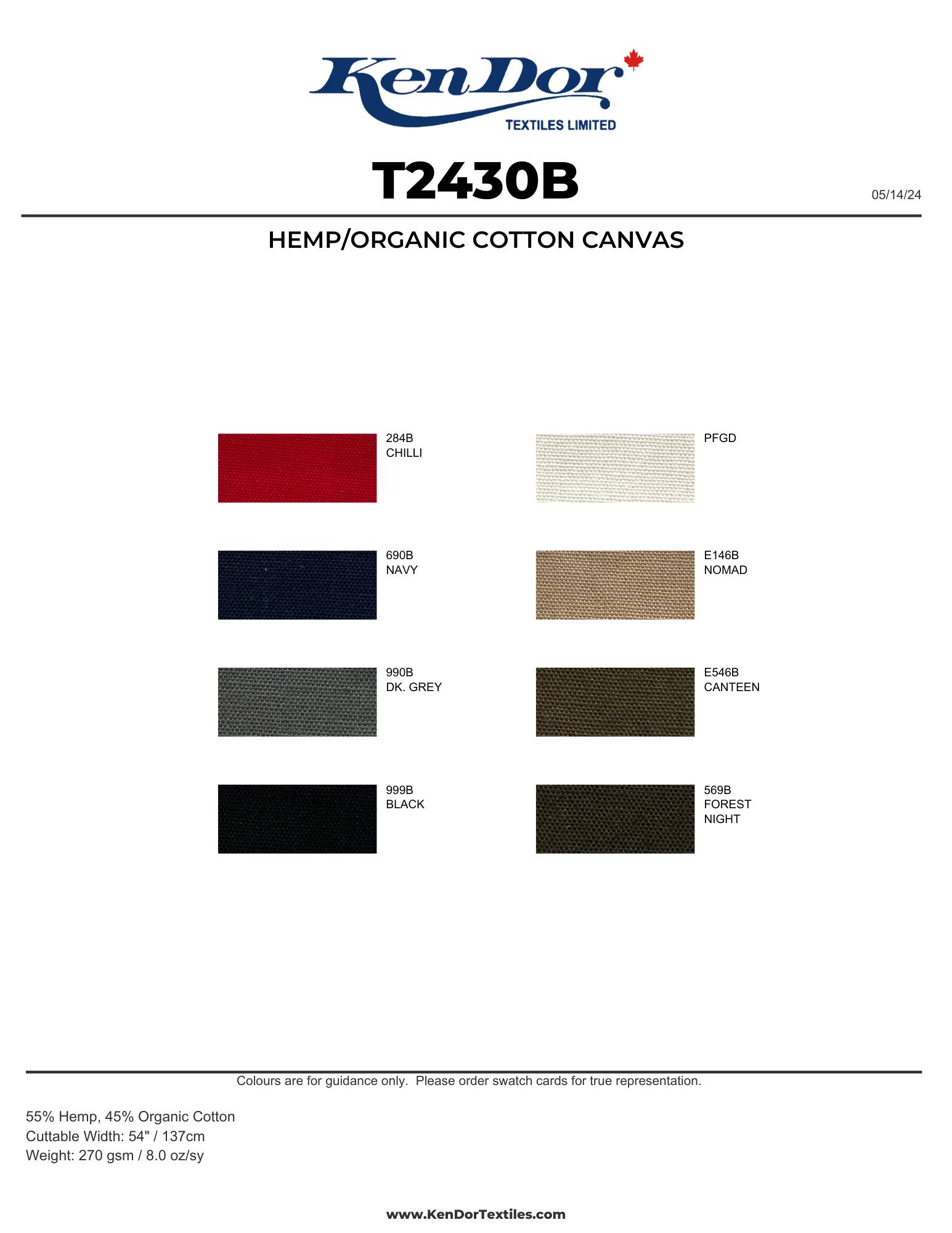 T2430B - Hemp/Organic Cotton Canvas | KenDor Textiles