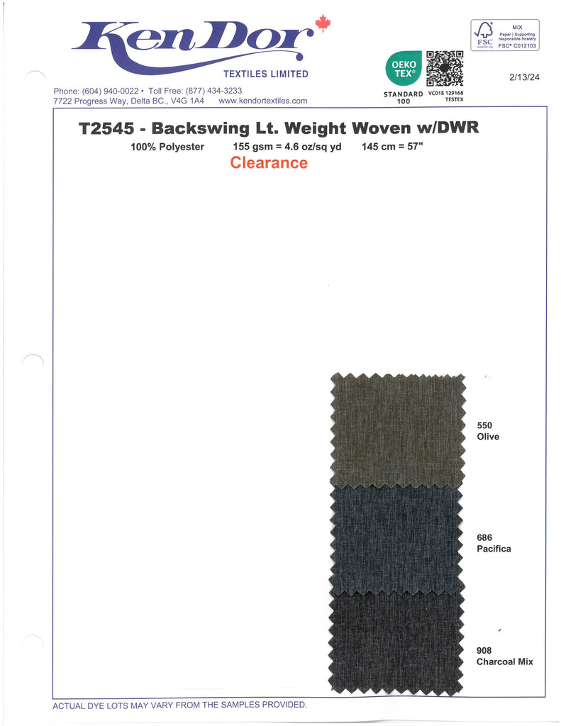 T2545 - Backswing Light Weight Woven With DWR (Clearance)