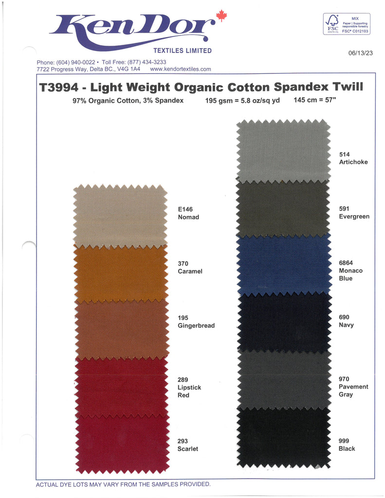 T3994 - Light Weight Organic Cotton Stretch Twill