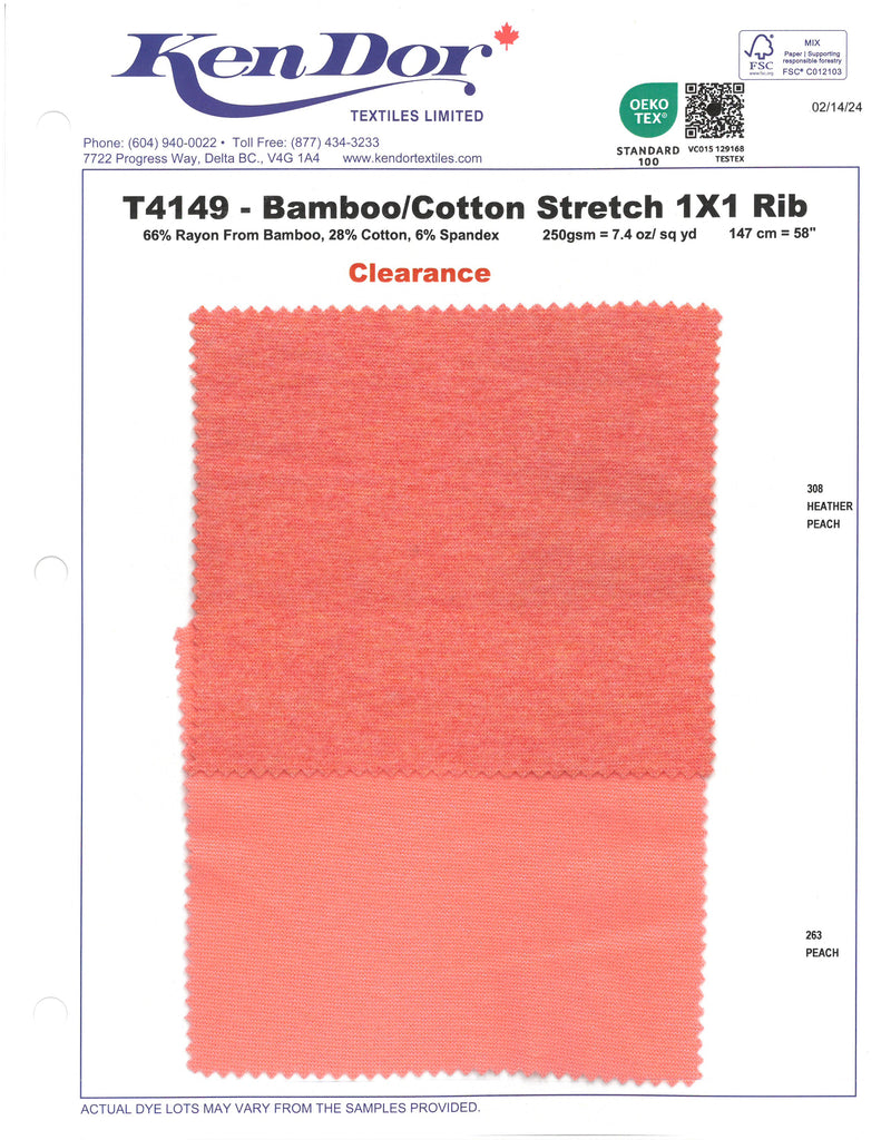 T4149 - Bamboo/Cotton Stretch 1X1 Rib (Clearance)