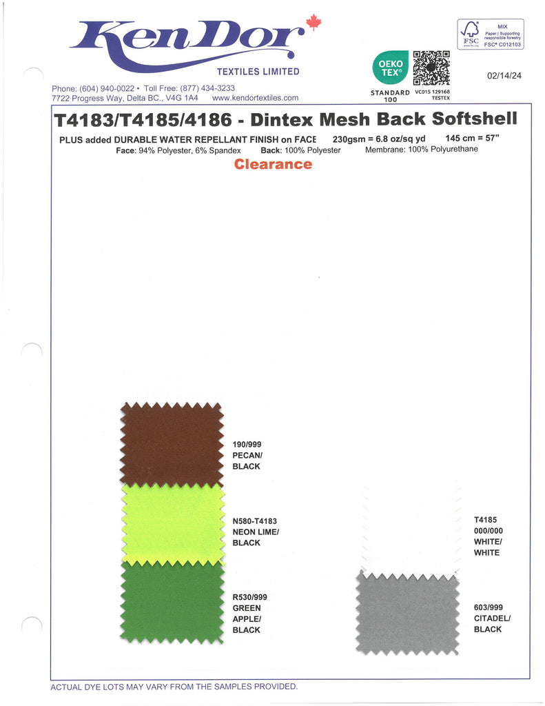T4183/T4185/T4186 - Softshell Dintex avec dos en maille (liquidation)