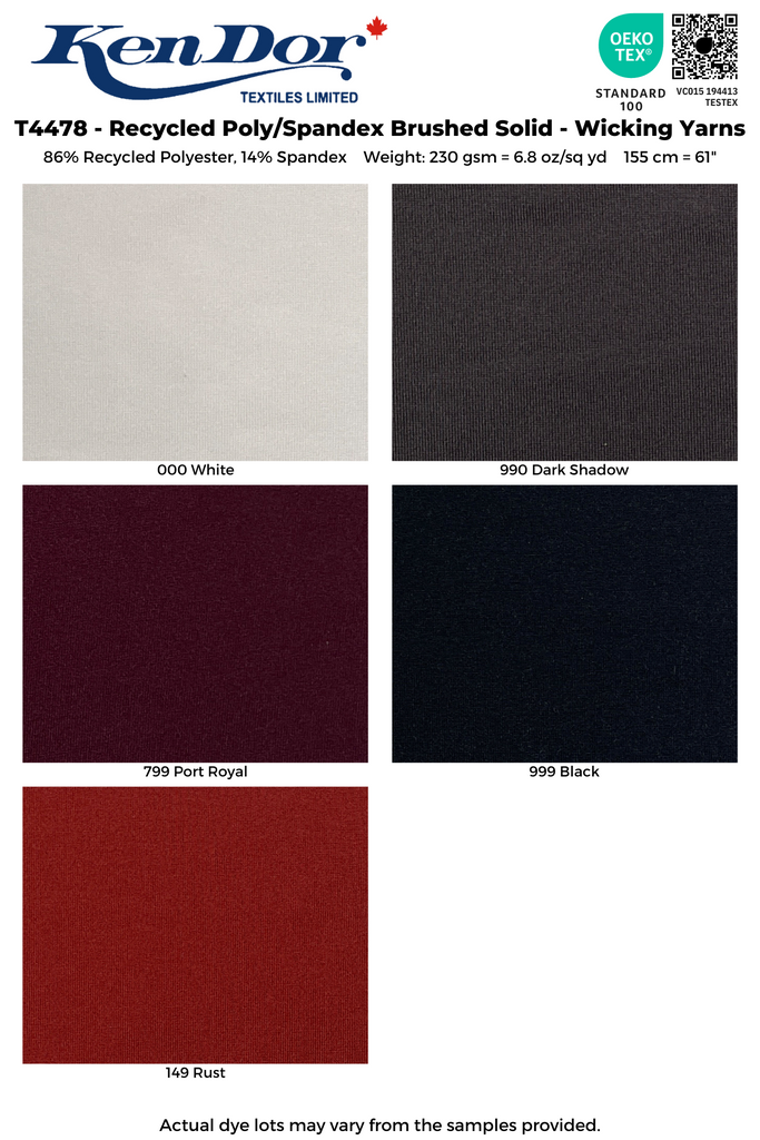 T4478 - Recycled Poly/Spandex Brushed Solid - Wicking Yarns