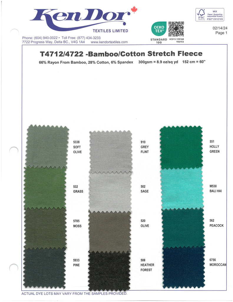 T4712/T4722 - Bamboo Cotton Stretch Fleece