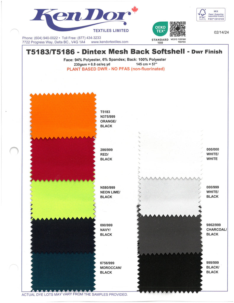 T5186 - Softshell Dintex avec dos en maille + DWR