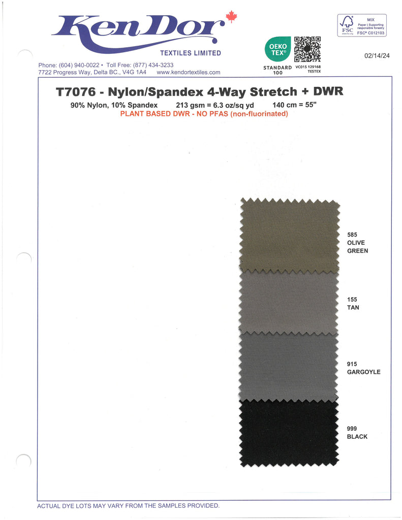 T7076 - Nylon/Spandex extensible dans 4 directions + DWR