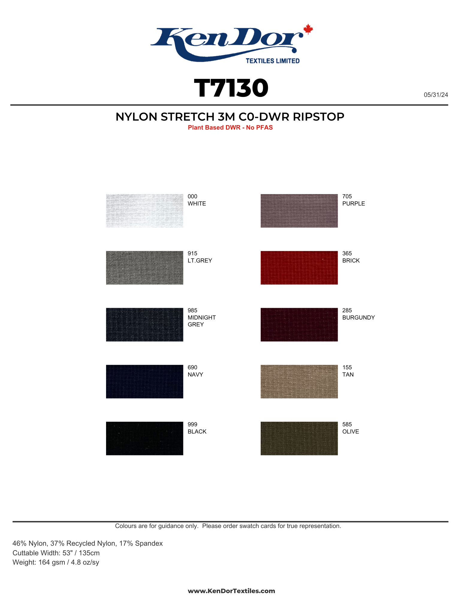 T7130 - Nylon Stretch 3M C0-DWR Ripstop | KenDor Textiles