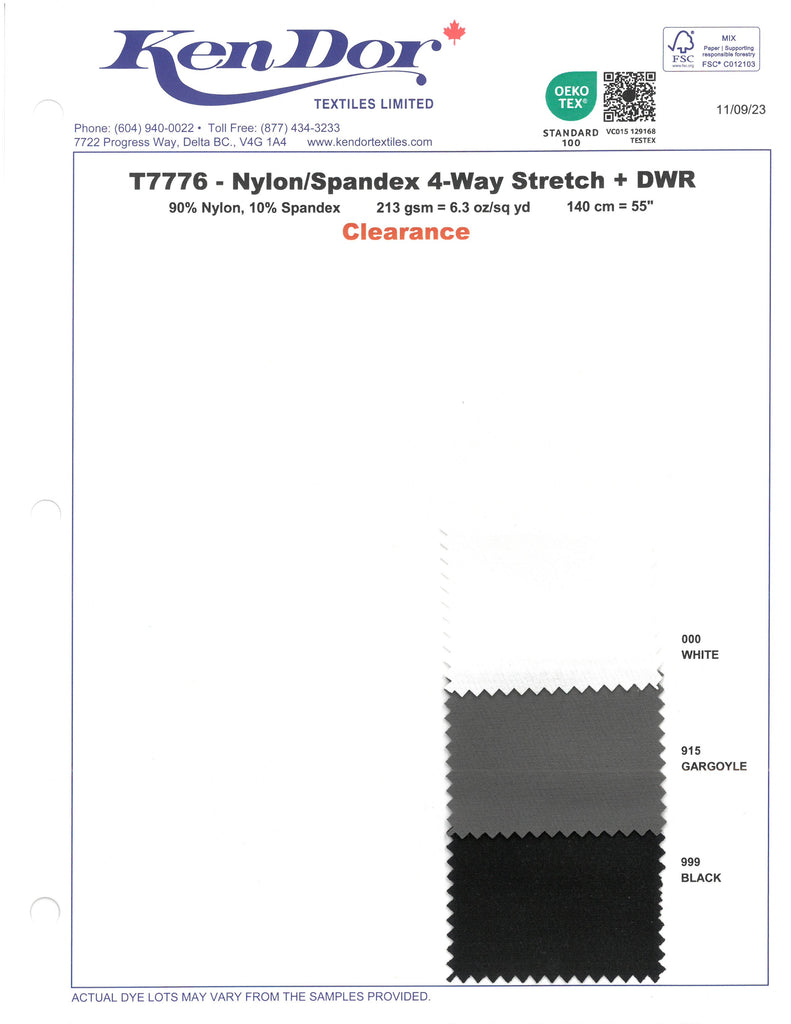 T7776 - Nylon/Spandex extensible dans 4 directions + DWR (liquidation)