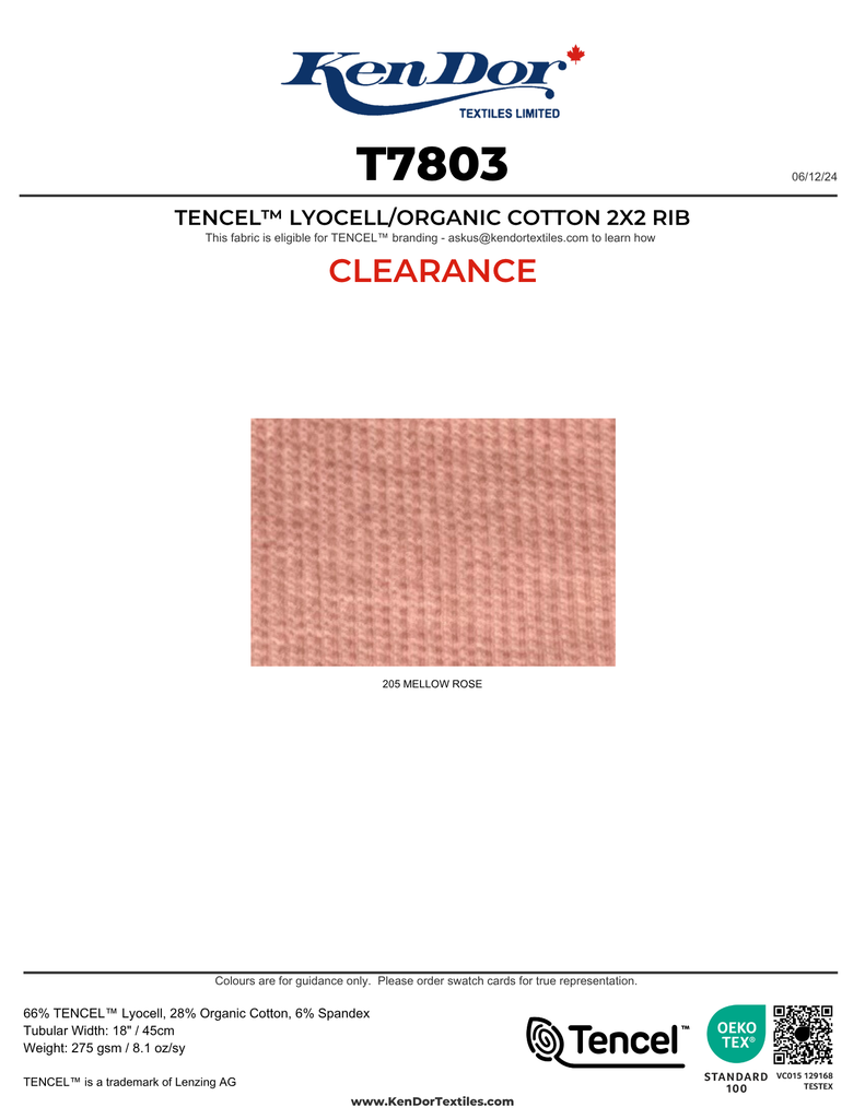 T7803 - TENCEL™ Lyocell/Organic Cotton 2X2 Rib (Clearance)