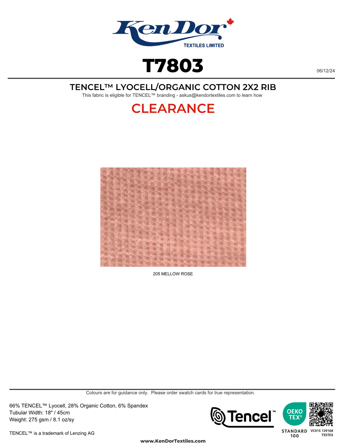 T7803 - TENCEL™ Lyocell/Organic Cotton 2X2 Rib (Clearance) | KenDor ...