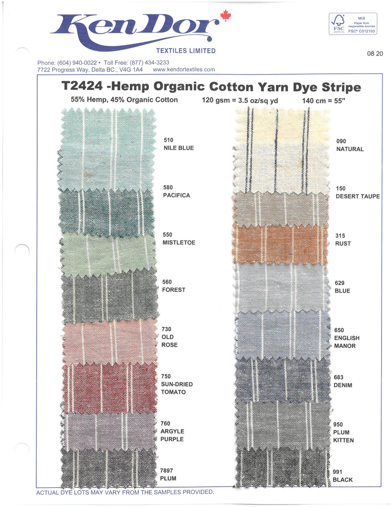 T2424 - Rayure teintée en fil de coton biologique chanvre
