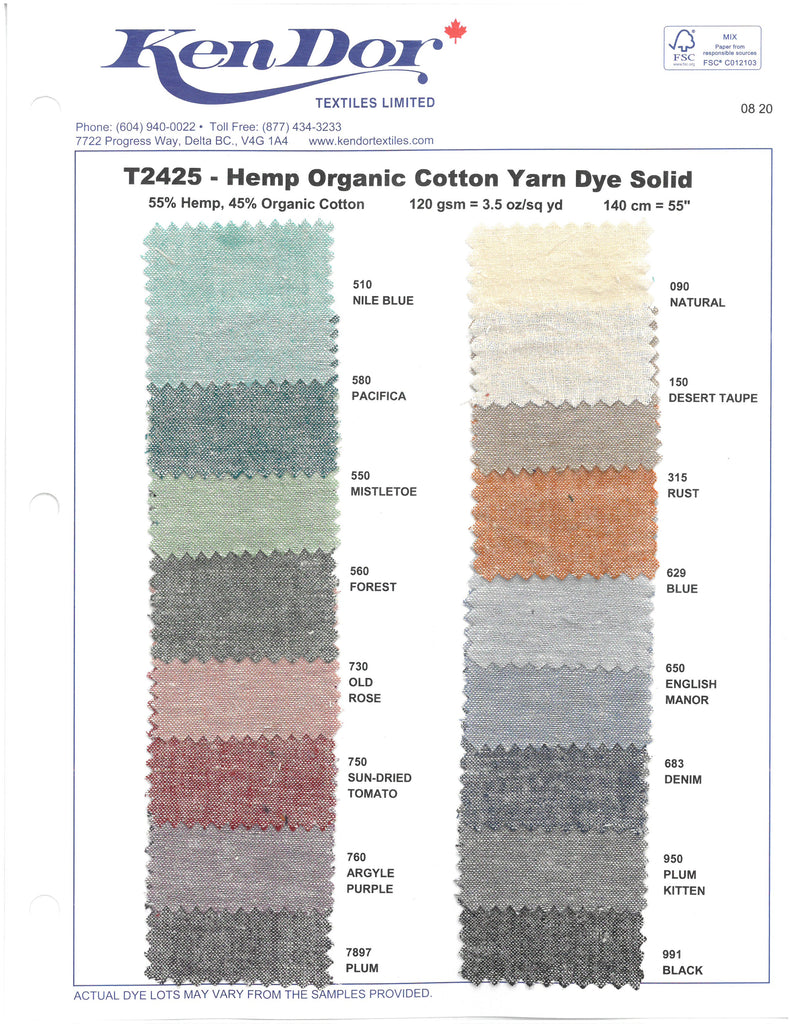 T2425 - Hemp Organic Cotton Yarn Dye Solid