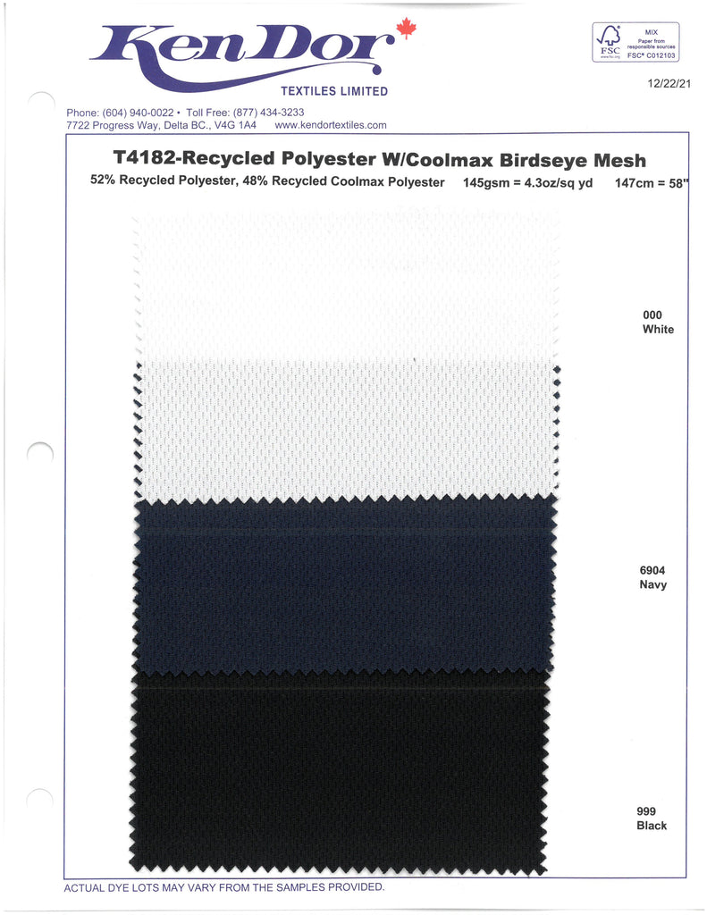 T4182 - Recycled Polyester with Coolmax Birdseye Mesh