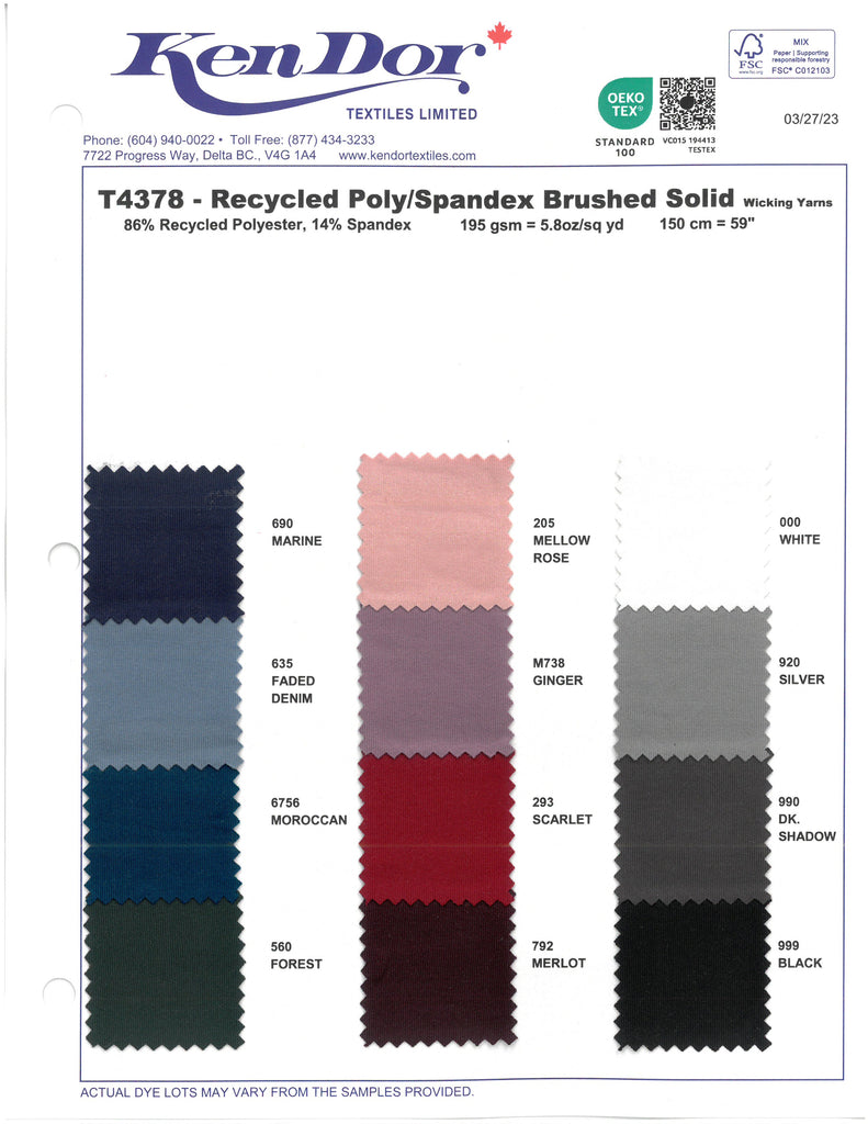 T4378 - Colores sólidos cepillados de poliéster/spandex reciclado