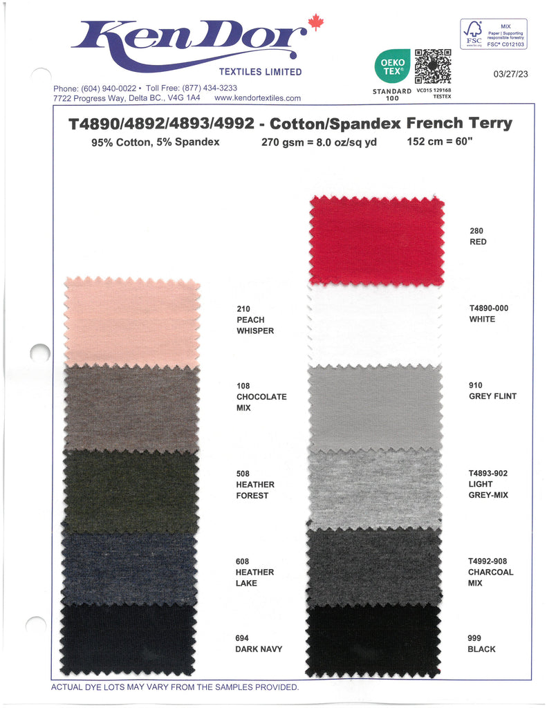 T4890/T4892/T4893/T4992 - Cotton/Spandex French Terry
