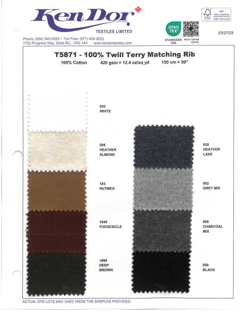 T5871 - 100% Twill Terry Matching Rib
